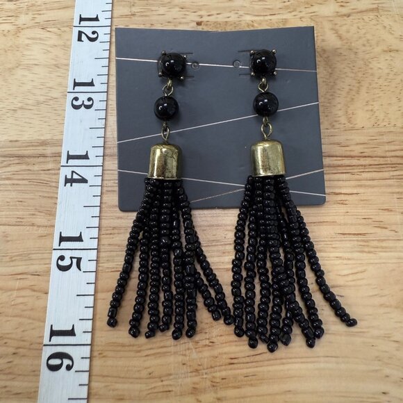 Black Beaded Tassel Dangle Earrings With Gold Accents For Women - Picture 6 of 6